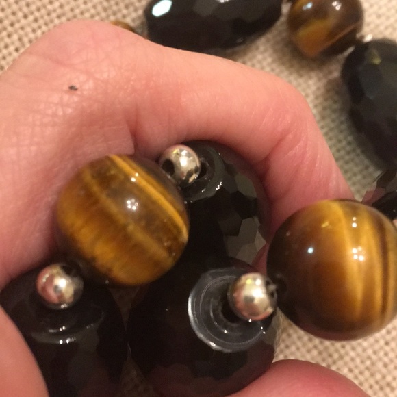 Tigers Eye & Black Bead Necklace Sterling Clasp - Picture 6 of 8
